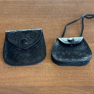 Elegant Black Embossed Leather Pouch Set